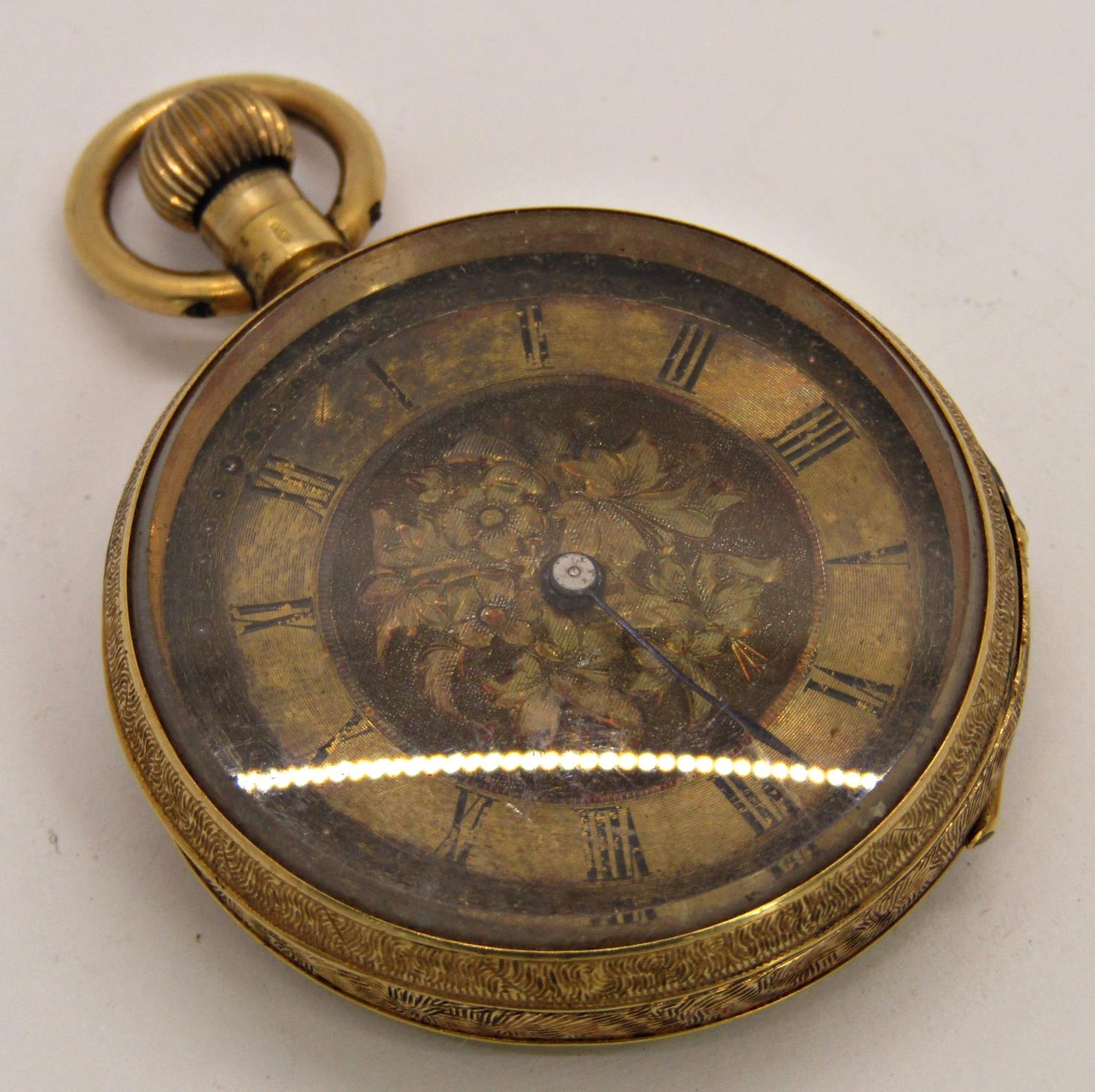A 19th century continental fob watch with 18k engraved casework and chased dial