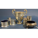 Silver mustard pot and cover, open cauldron salt, cylindrical salt, oval pepper, another and a small