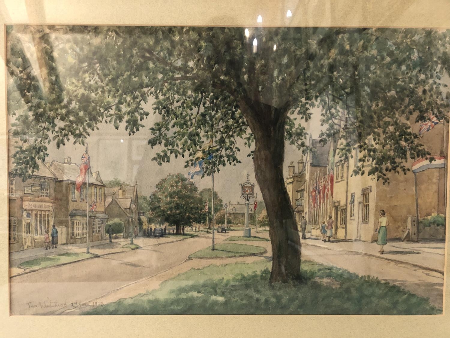 Watercolour and two prints: Tom Whitehead (1886-1959) - Town Street Scene, 1953, watercolour on - Image 2 of 7