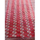 A Bokara carpet with five rows of small guls, red with a hint of orange on a red ground, 272 cm x