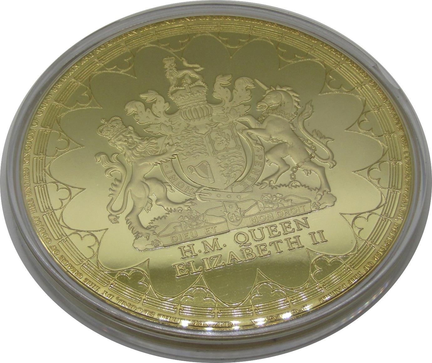 Four gold plated Jumbo strike medallions:- all 100 mm in diameter commemorating the Accession of Her - Image 8 of 8