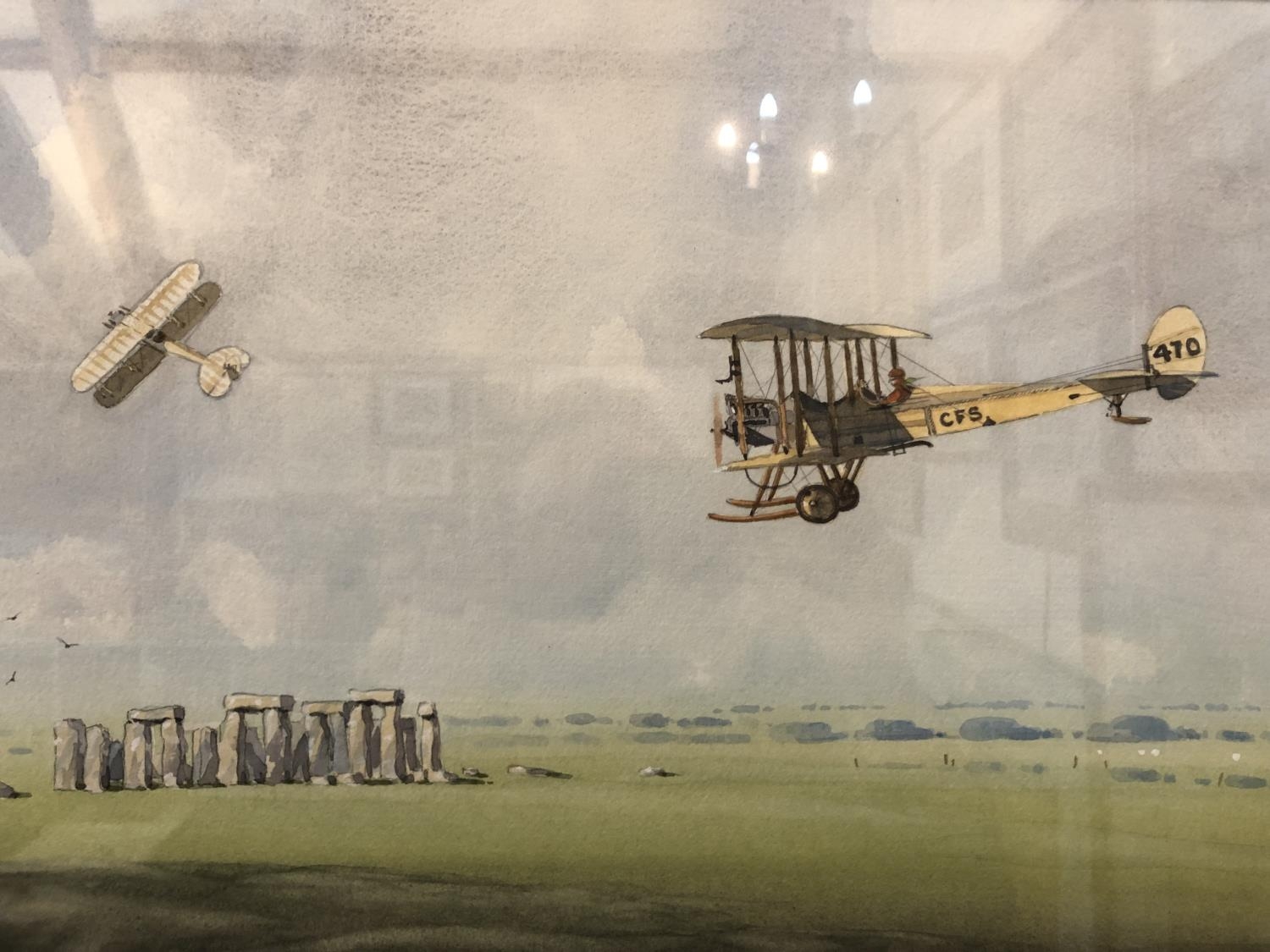 Barry K. Barnes - Biplanes Flying Ove Stonehenge, watercolour on paper, signed lower left, 29 x 49 - Image 4 of 4