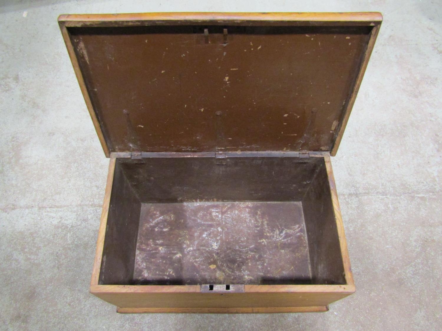 A small 19th century elm box with hinged lid and drop side carrying handles, 67 cm wide x 41 cm deep - Image 2 of 2