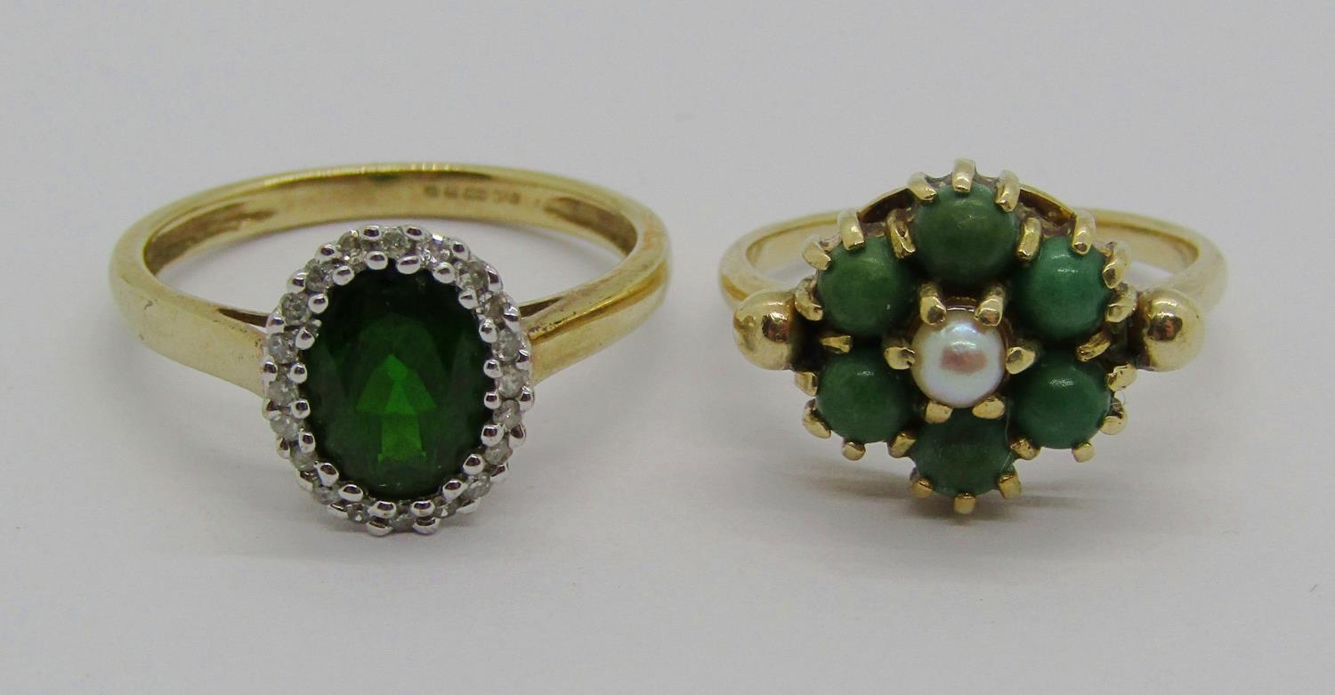 Antique 9ct turquoise and pearl cluster ring and a modern 9ct green gem and diamond oval cluster