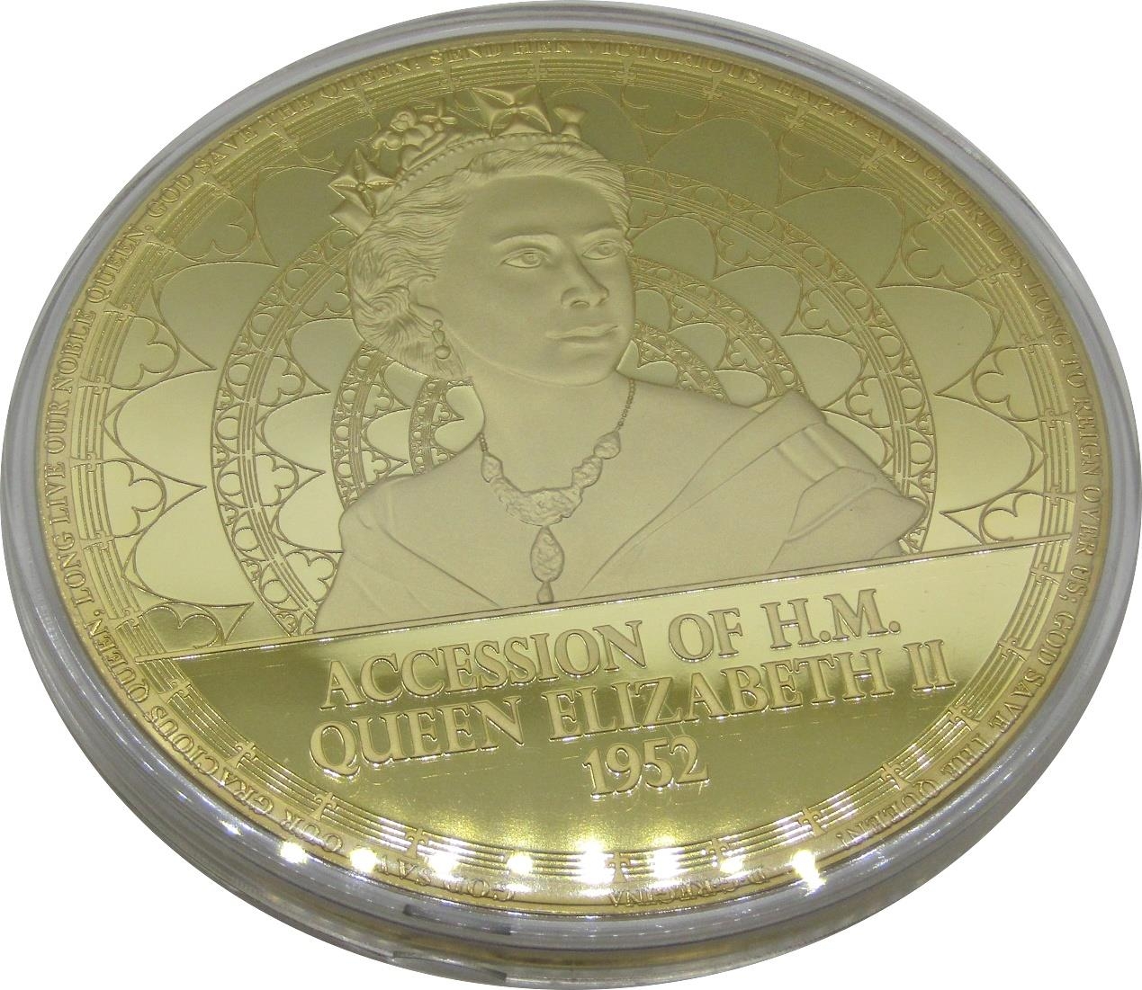 Four gold plated Jumbo strike medallions:- all 100 mm in diameter commemorating the Accession of Her