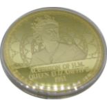 Four gold plated Jumbo strike medallions:- all 100 mm in diameter commemorating the Accession of Her