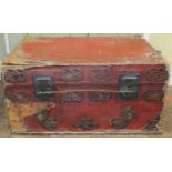 19th century Chinese red lacquered travelling box with applied ornamentation, metal work hinges