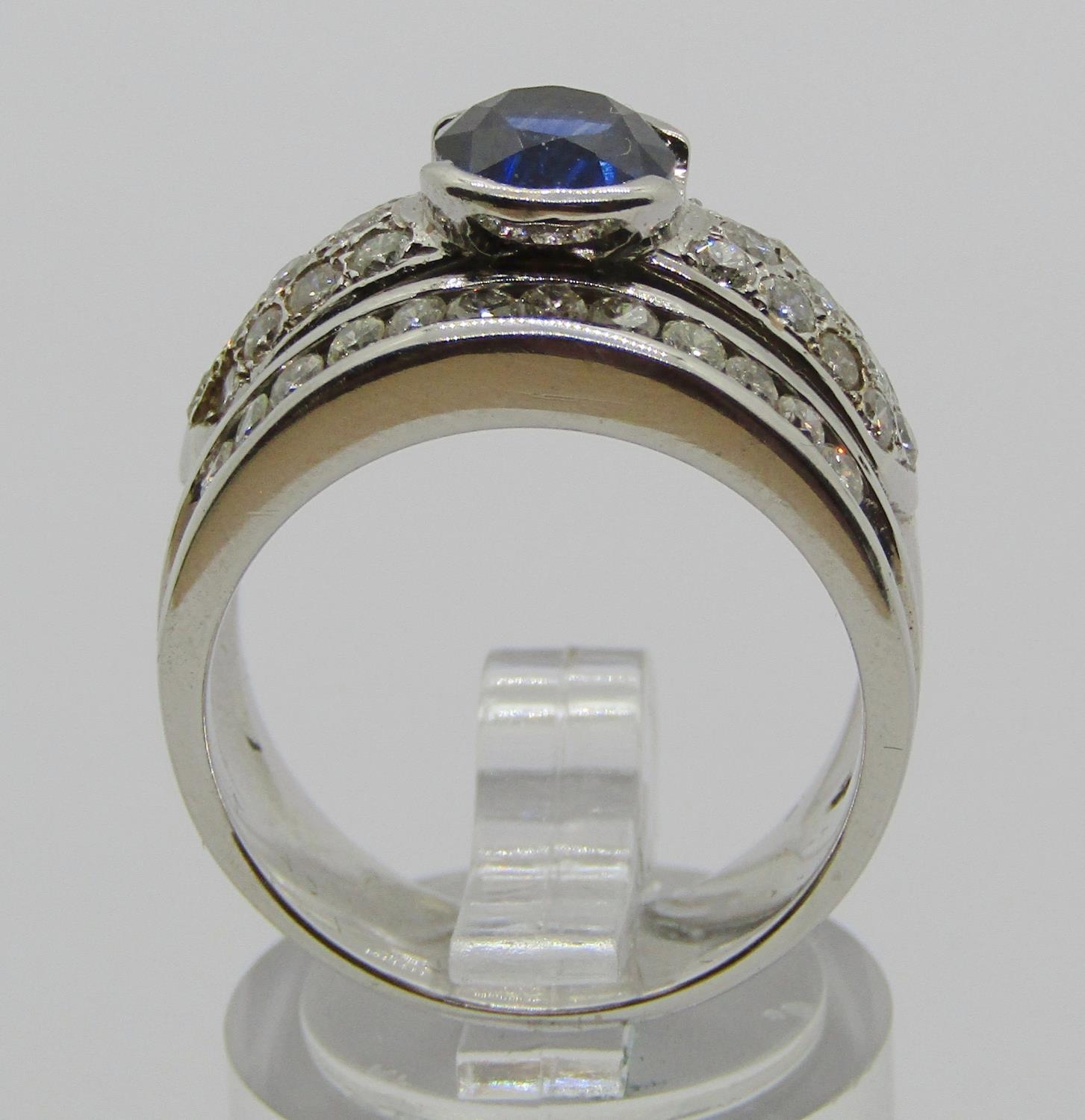 18ct white gold oval sapphire and pavé set diamond bombe style ring, size P, 13.3g - Image 2 of 4