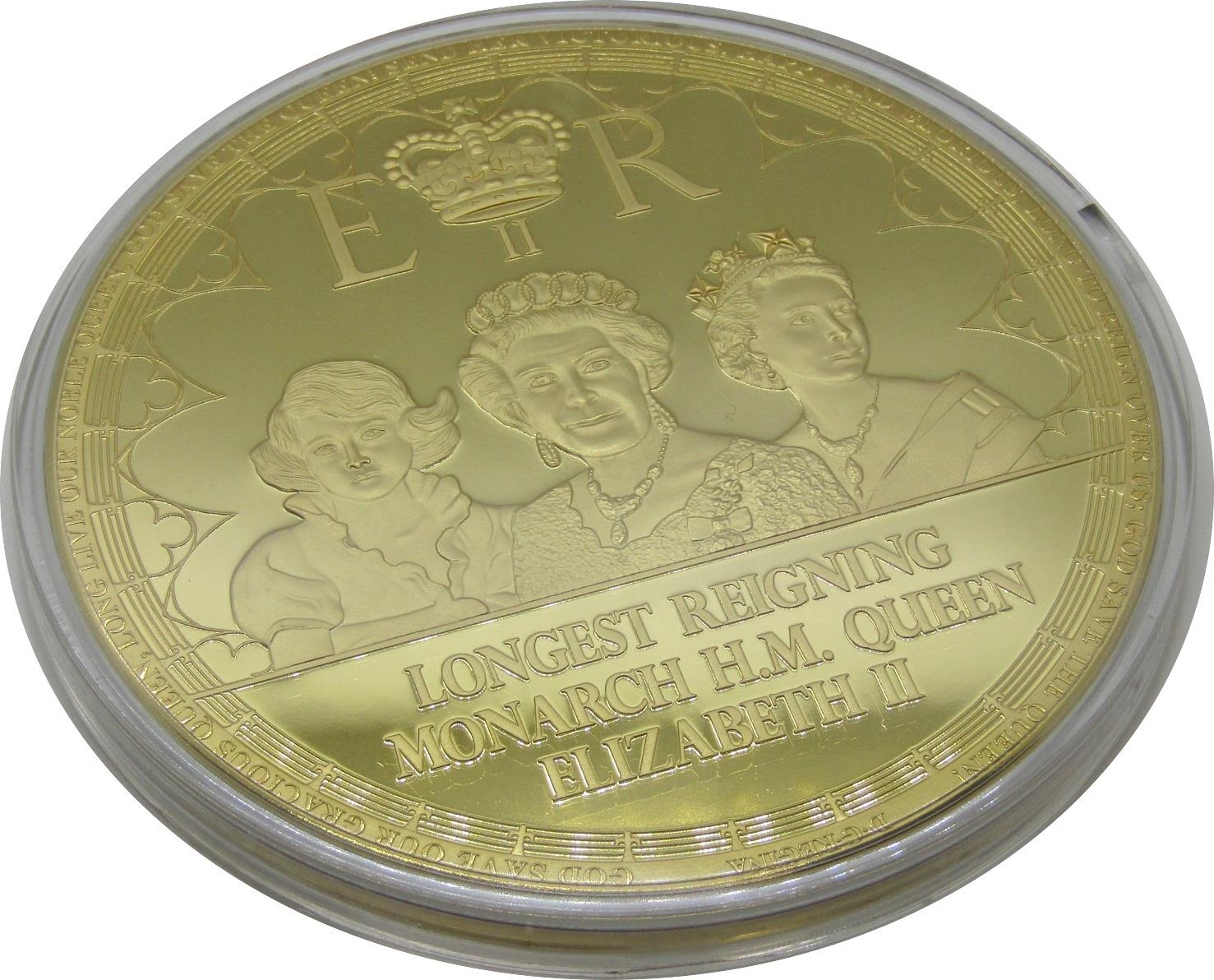 Four gold plated Jumbo strike medallions:- all 100 mm in diameter commemorating the Accession of Her - Image 5 of 8
