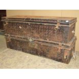 Two vintage Japanned steel trunks one with painted lettering to lid, H M Darlow, RN, 107 cm long x