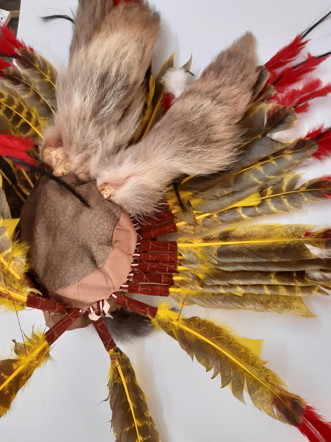 Traditional style Native American adult headdress/ war bonnet in feather, beaded leather, horsetail - Image 4 of 4