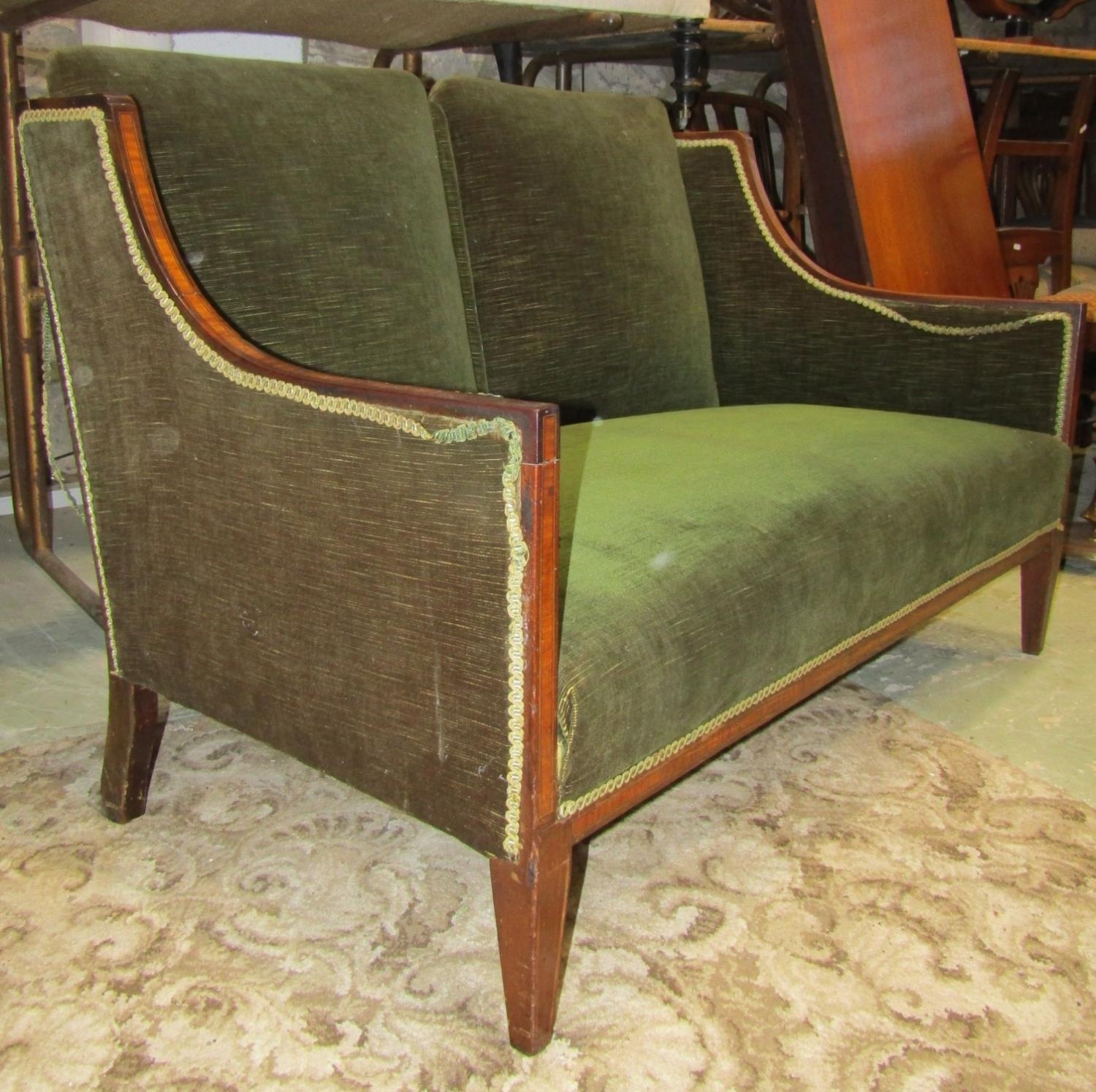 An Edwardian two seat drawing room sofa with green dralon upholstery, the mahogany frame with - Image 2 of 2