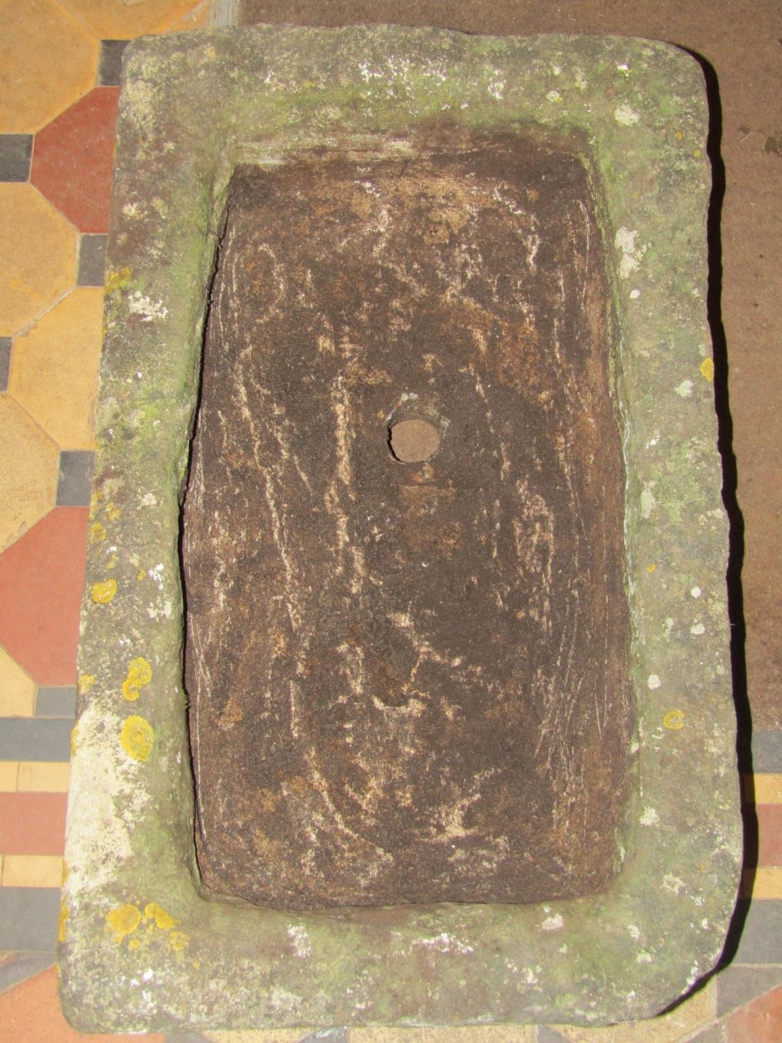 A weathered thick walled rectangular natural stone trough with circular drainage hole 76 cm long x - Image 2 of 3