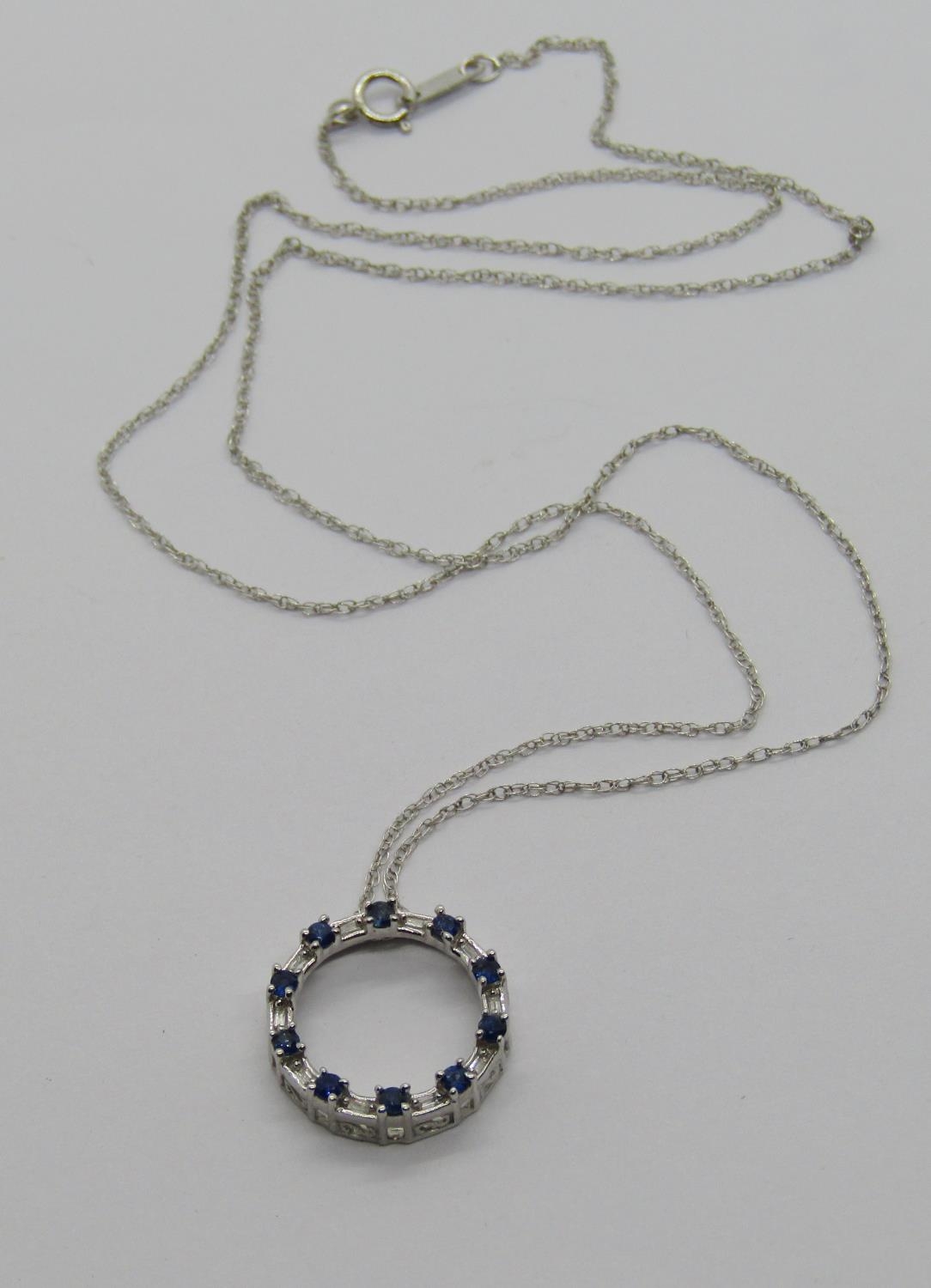 10k white gold necklace with sapphire and diamond hoop pendant, maker 'JWBR', 2g - Image 2 of 3