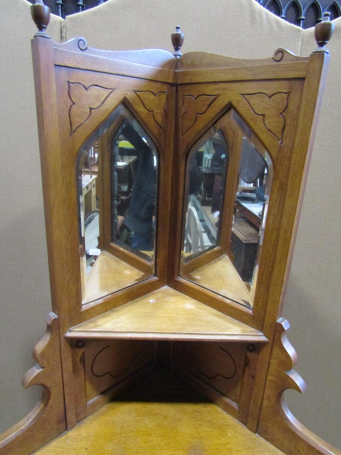 Victorian Gothic style light oak freestanding corner cabinet enclosing lancet shaped bevelled edge - Image 3 of 3