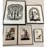 Five 20th century silhouettes to include: two cut-paper silhouettes, one of Adam & Eve signed 'FB