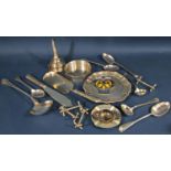 A mixed collection of silver plated items including a wine funnel, salver, coaster, serving spoons