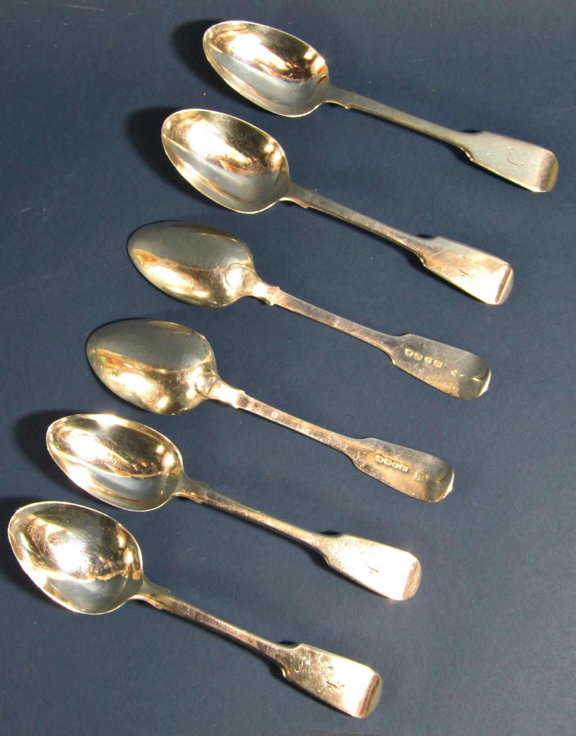 Six Victorian silver fiddle pattern dessert spoons, London 1840 & 1846 by Samuel Hayne and Dudley