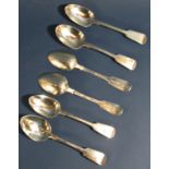 Six Victorian silver fiddle pattern dessert spoons, London 1840 & 1846 by Samuel Hayne and Dudley