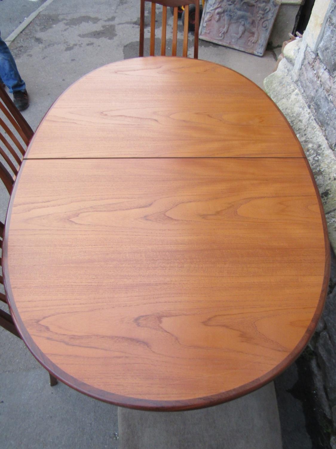 A G plan teak D end pull out extending dining table with single additional bi-folding leaf raised on - Image 2 of 2
