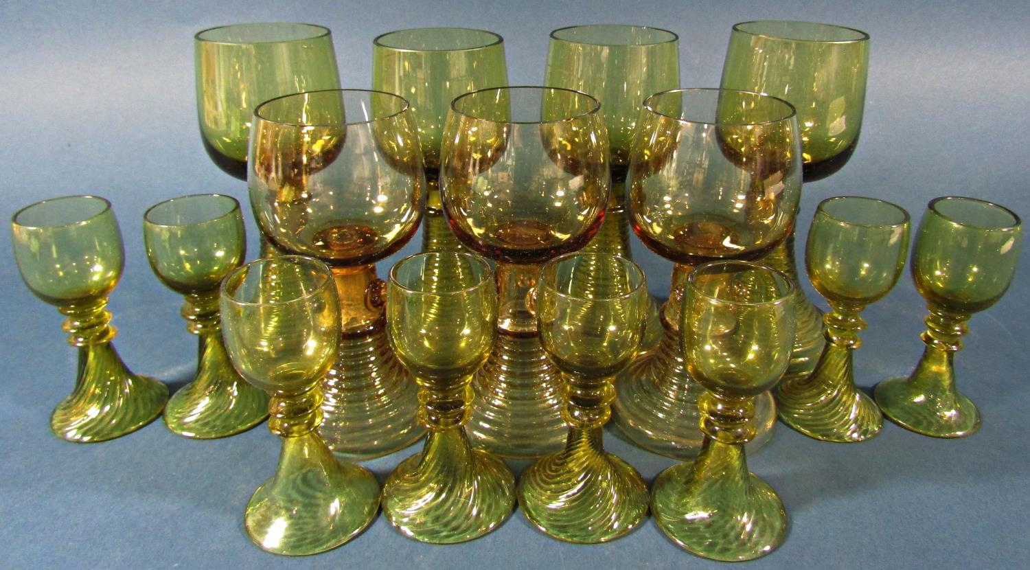 Fifteen near matching pale olive green spiral beehive wine glasses of varying sizes, and two similar - Image 2 of 8