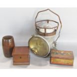 A small treen box with segmented interior a further treen barrel, vintage lamp, etc