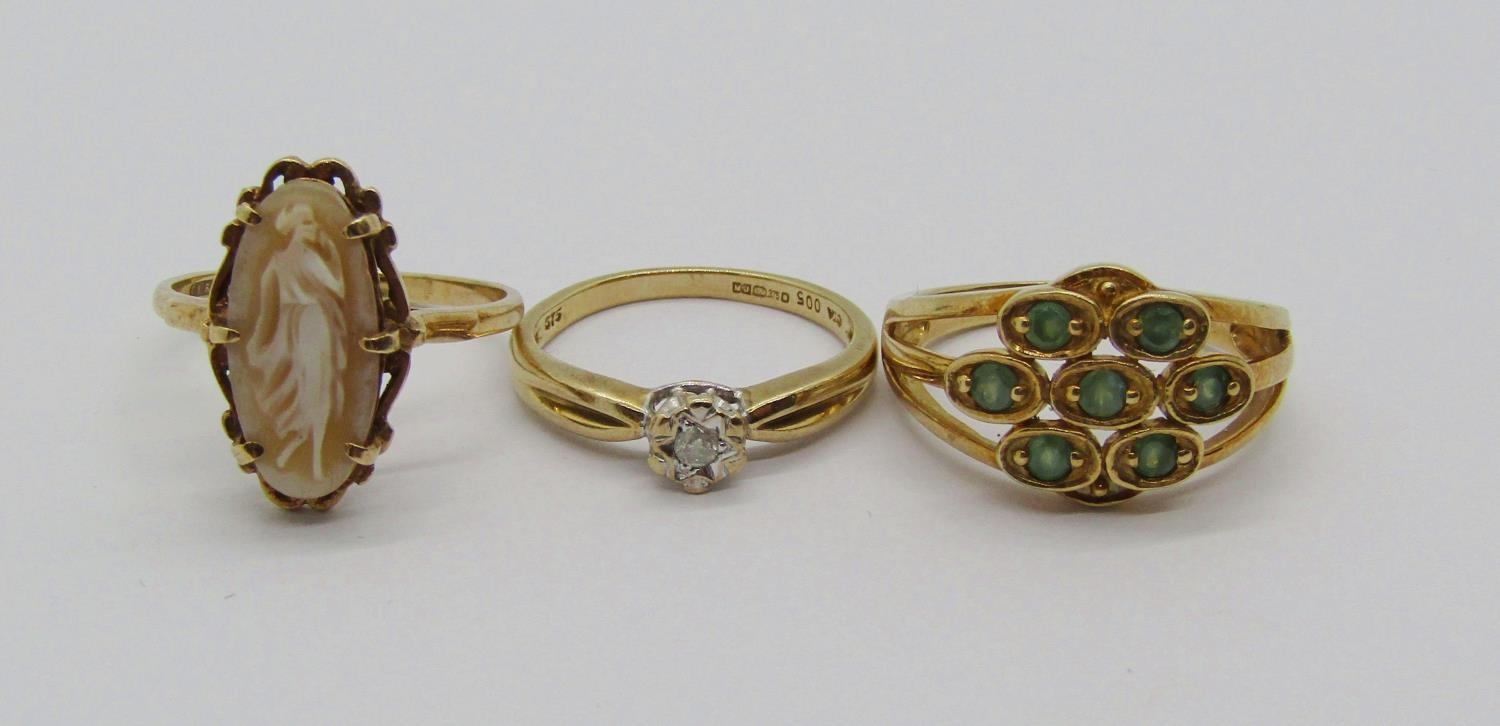 Three 9ct rings; a diamond solitaire, an aventurine cluster and a cameo example, 8.2g total (3)