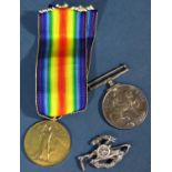 WWI 14-18 and victory medals 81265 Pte P Button RAMC and silver royal Artillery brooch