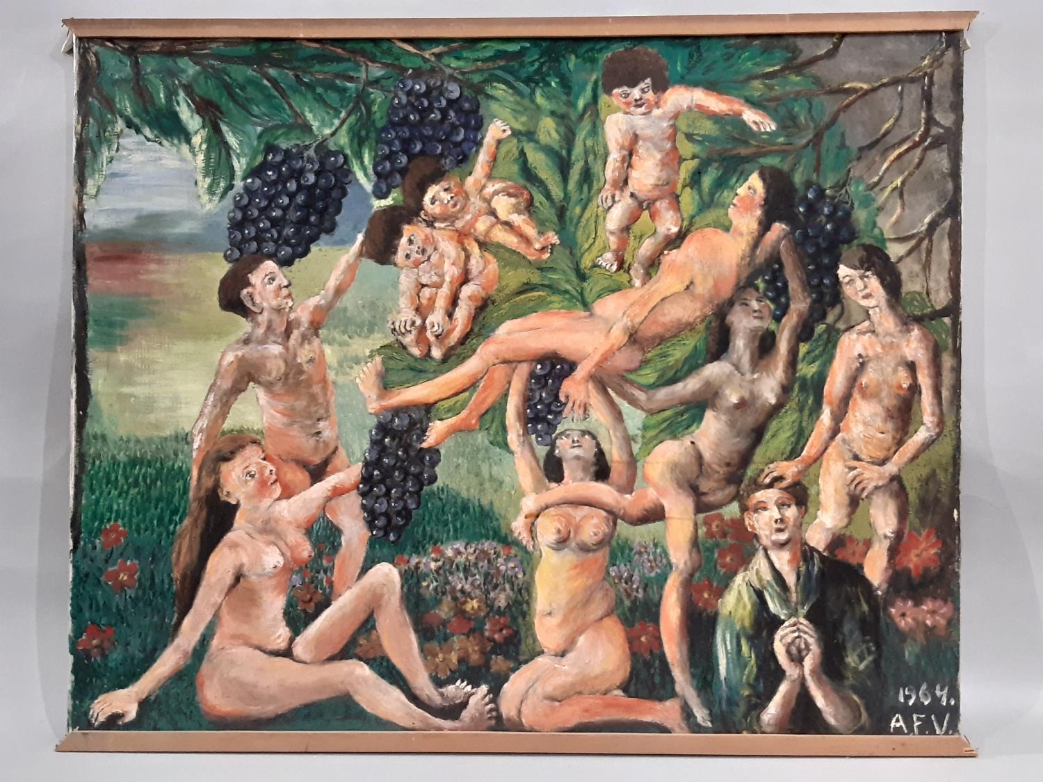 Eleven works to include: Four oil paintings of surrealist landscapes, depicting nude figures and - Image 4 of 9