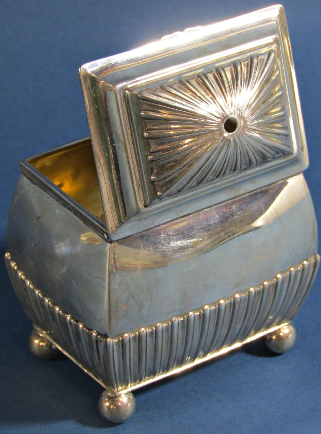 A silver sugar bowl with a hinged lid (lacks finial) half gadrooned sides, raised on ball - Image 4 of 4