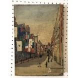 J.A. Wood (19th/20th century) - Street Scene with World Flags and Figures, oil on canvas, signed