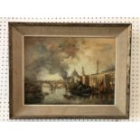 M.J. Randell (20th Century) - London Along the Thames, oil on canvas, signed lower left, 31 x 41 cm,