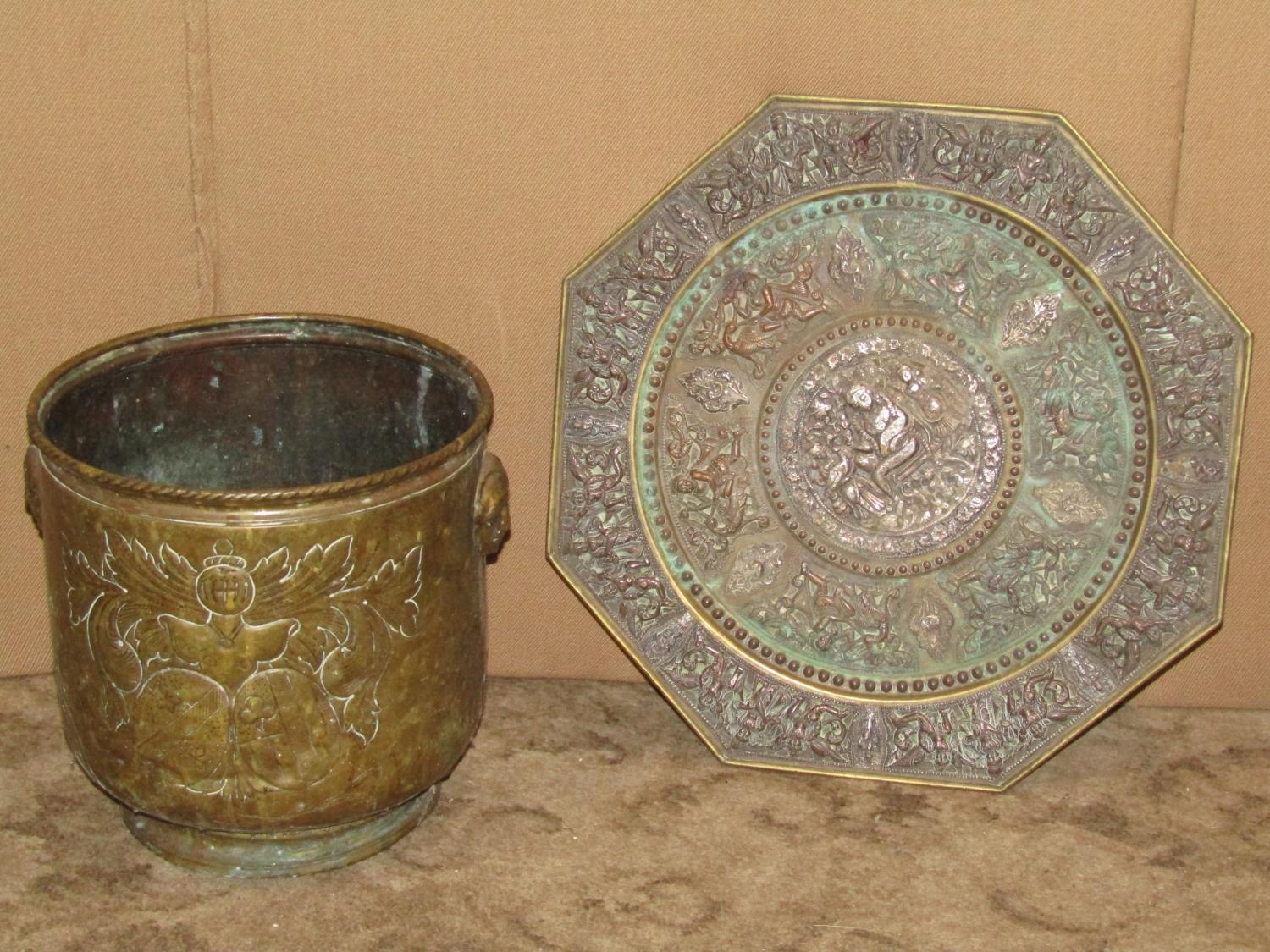 A heavy gauge Eastern brass/bronze polished circular tray top occasional table with shaped - Image 3 of 3