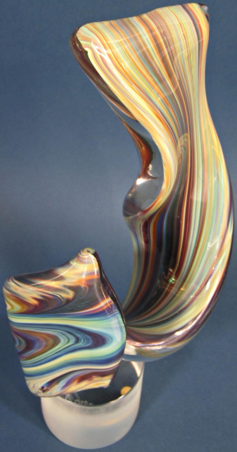 A handmade Murano Glass Sculpture “Ribbon” in Chalcedony, set on a frosted cylindrical glass base, - Image 2 of 4