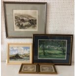 Five framed works: Harold Sayer - 'Lane Through the Village', 1982, signed, titled, dated and