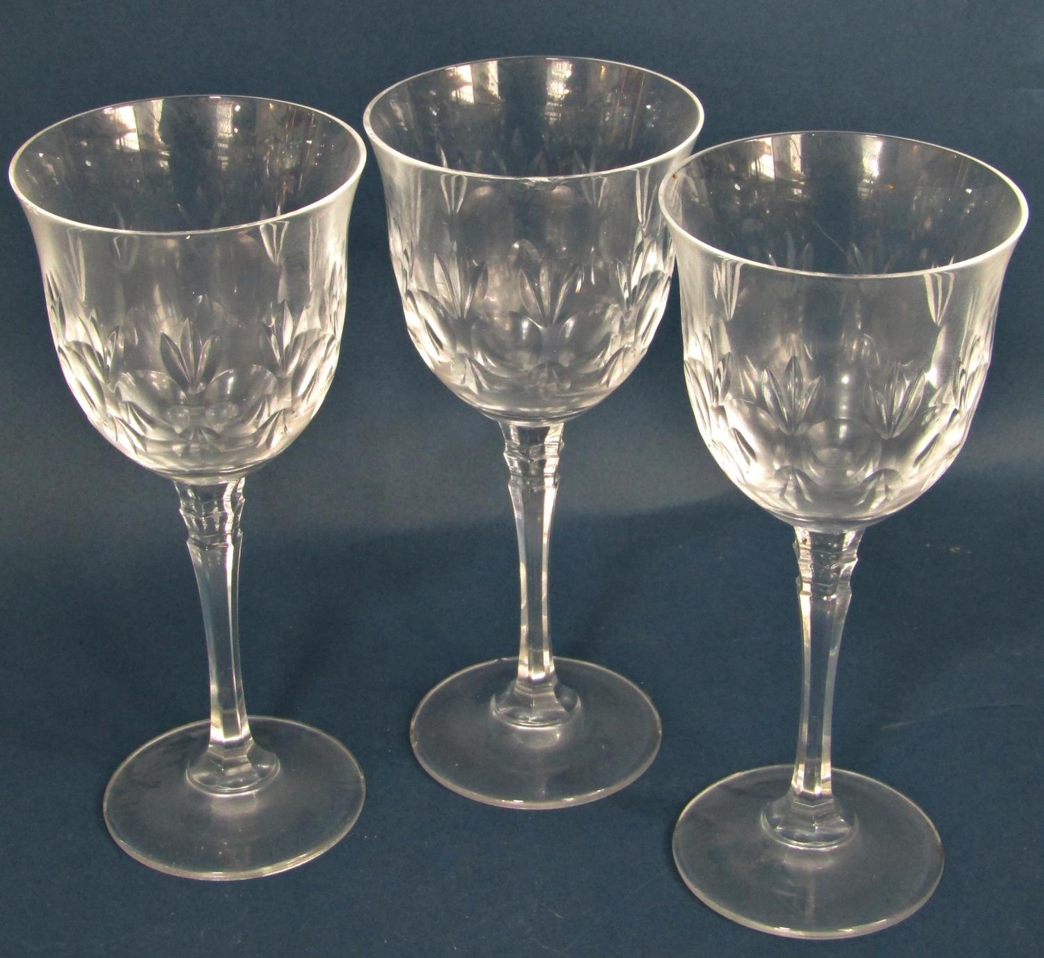 Six amber glass hock wine glasses with etched vine leaf decoration, five cut glass wine glass, and a - Image 2 of 3