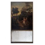 An early 19th century French pier glass the upper section incorporating an oil on canvas showing