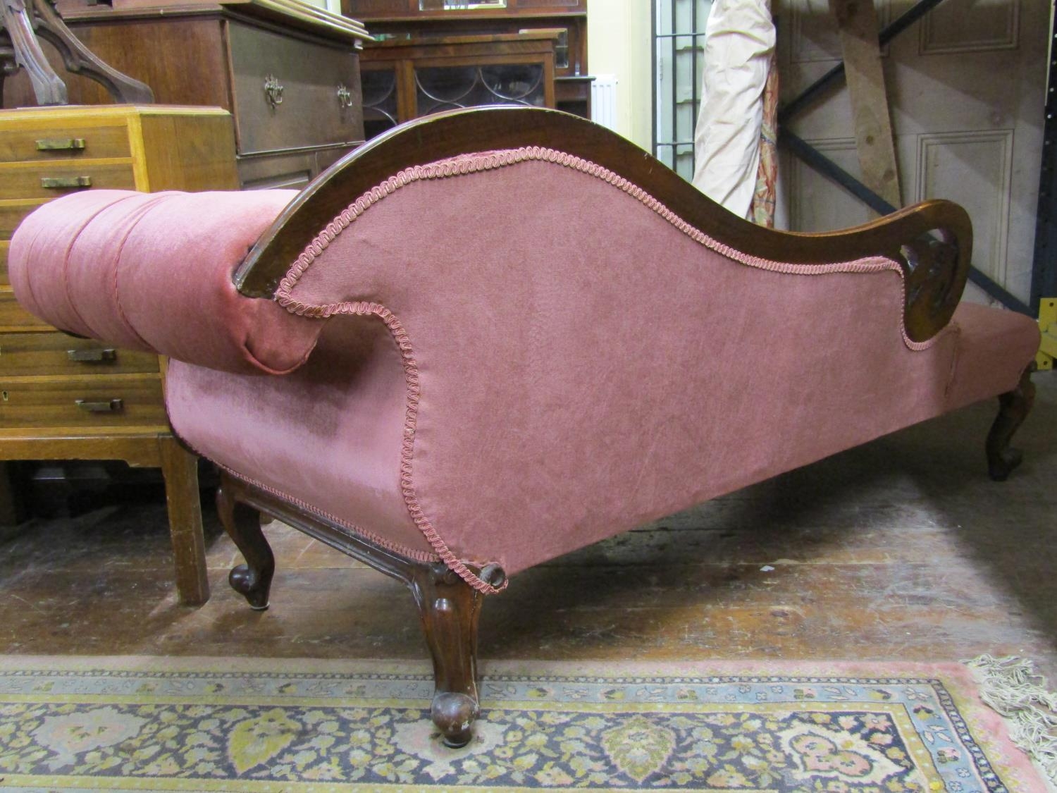 Victorian mahogany chaise longue, the show wood frame with carved and pierced detail, upholstered - Image 2 of 3