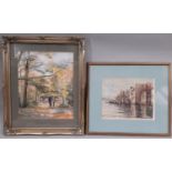 Two watercolours by different artists, both indistinctly signed - Buildings near water, and