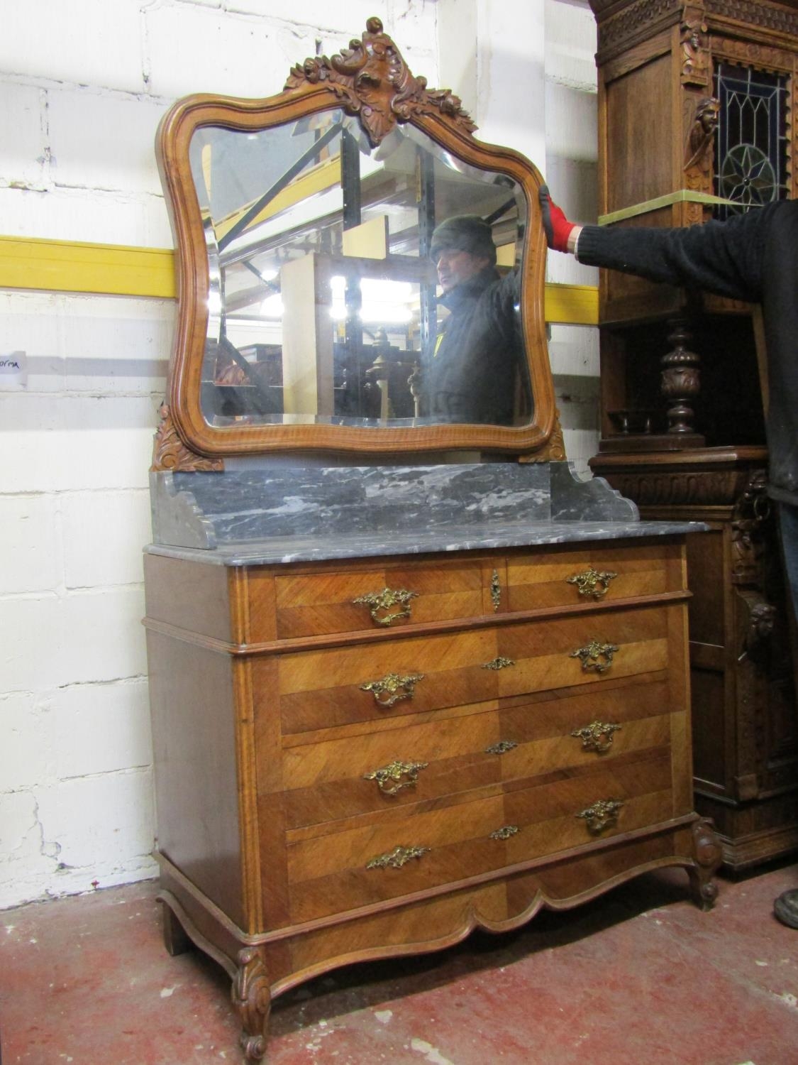 19th century walnut veneered dressing chest fitted with three long and two short graduated drawers