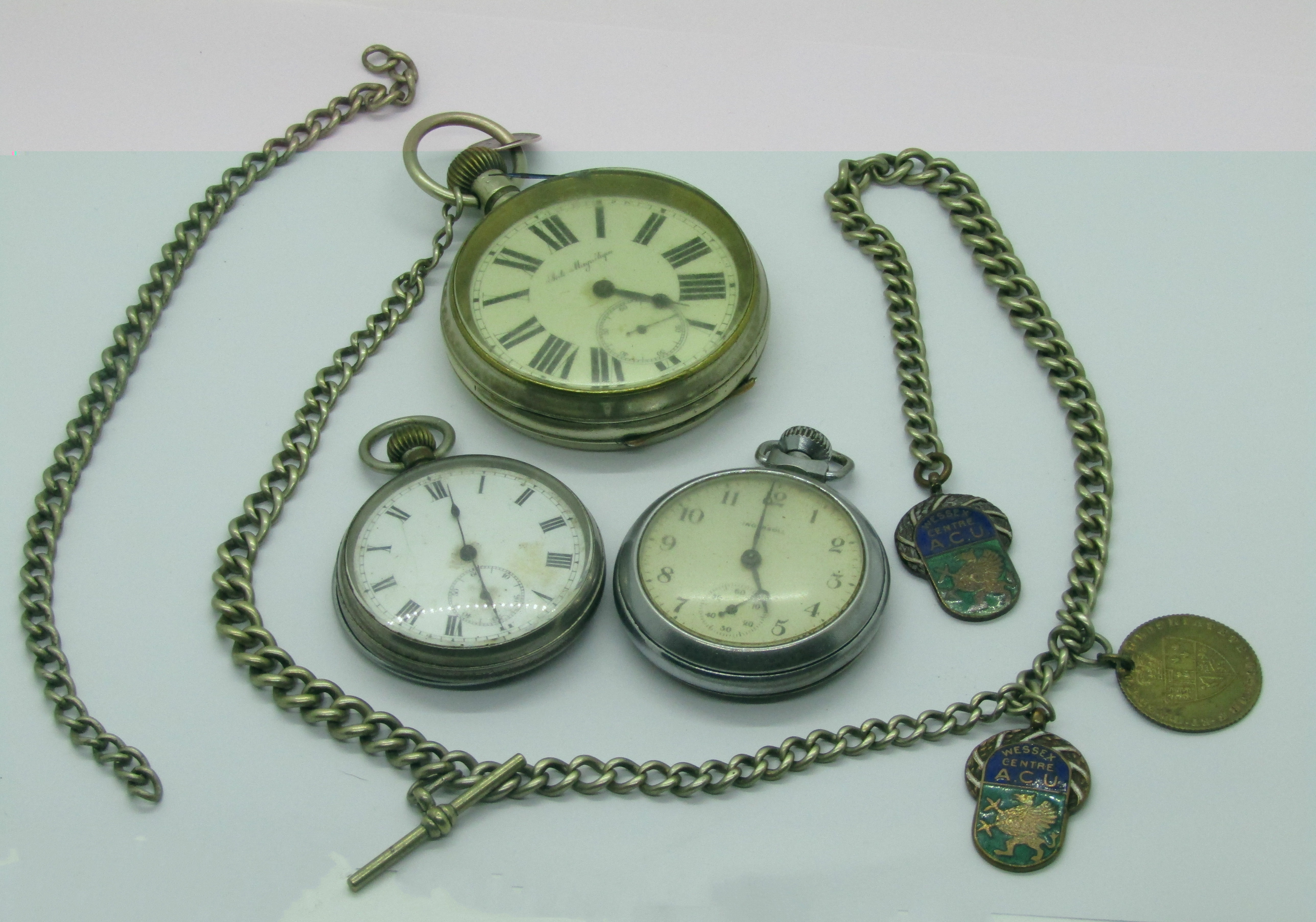 Large silver plated pocket watch with enamel dial and secondary dial (running), silver plated watch