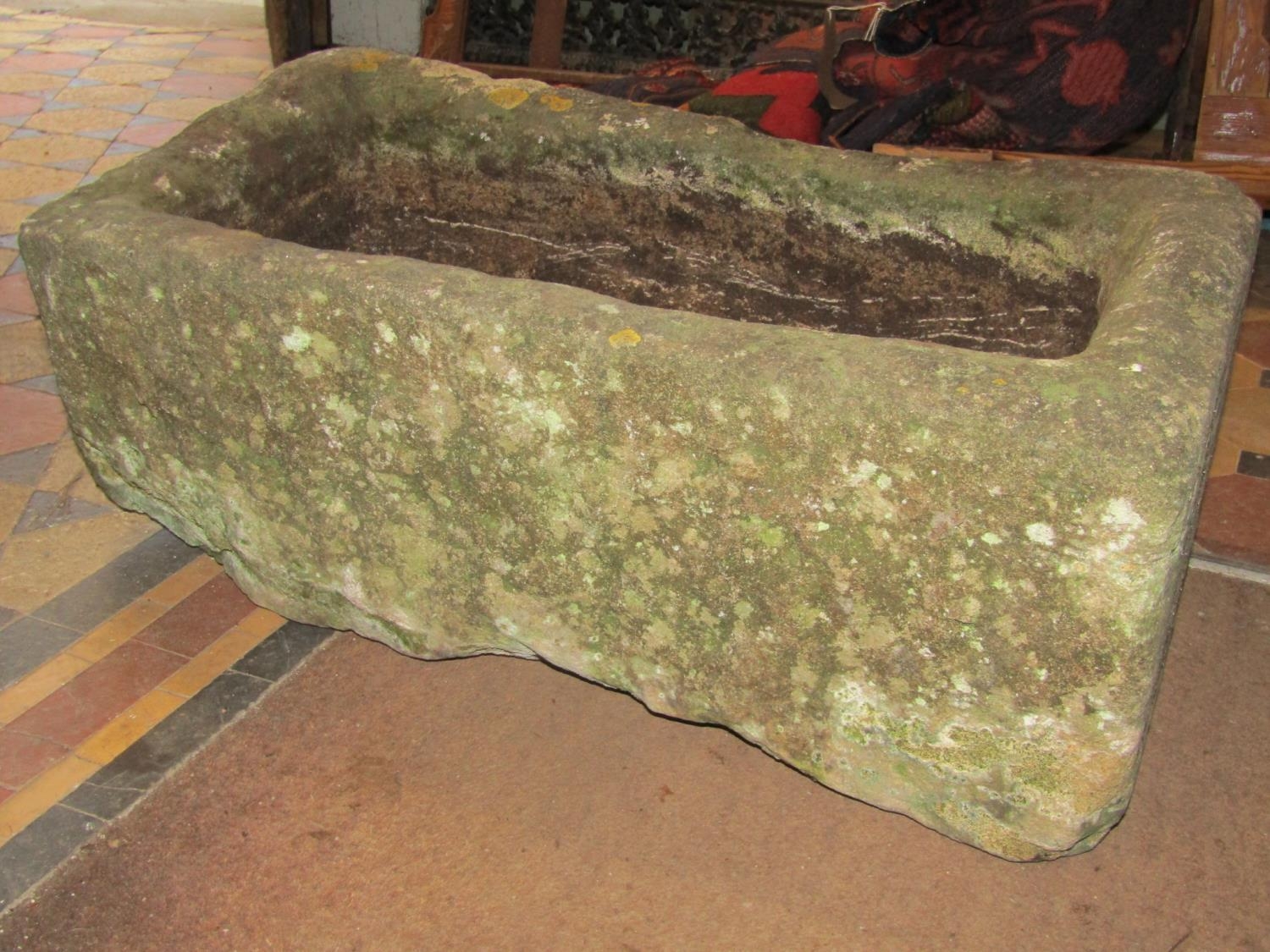 A weathered thick walled rectangular natural stone trough with circular drainage hole 76 cm long x - Image 3 of 3