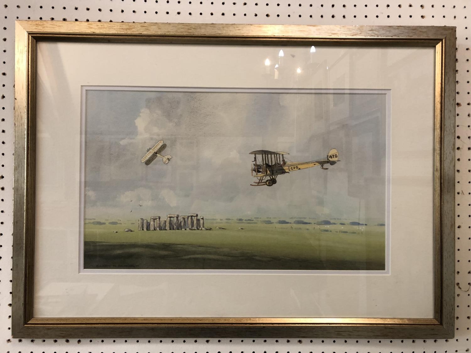 Barry K. Barnes - Biplanes Flying Ove Stonehenge, watercolour on paper, signed lower left, 29 x 49