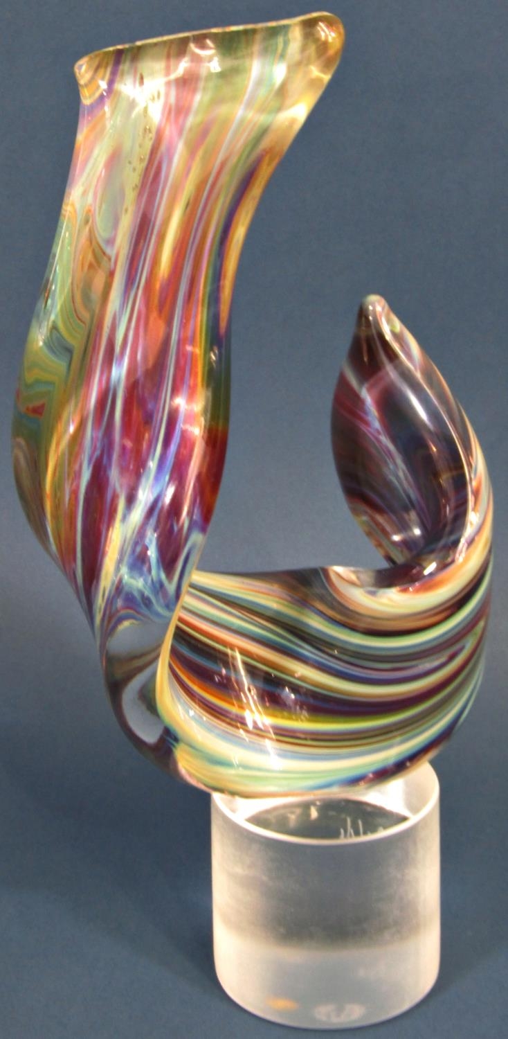 A handmade Murano Glass Sculpture “Ribbon” in Chalcedony, set on a frosted cylindrical glass base,