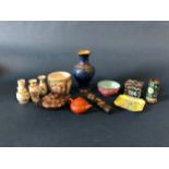 A collection of Chinese items including four Cantonese porcelain items, four pieces of enamel