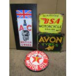 Four hand painted vintage style signs advertising A C spark Plug, Texaco motor spirit, BSA