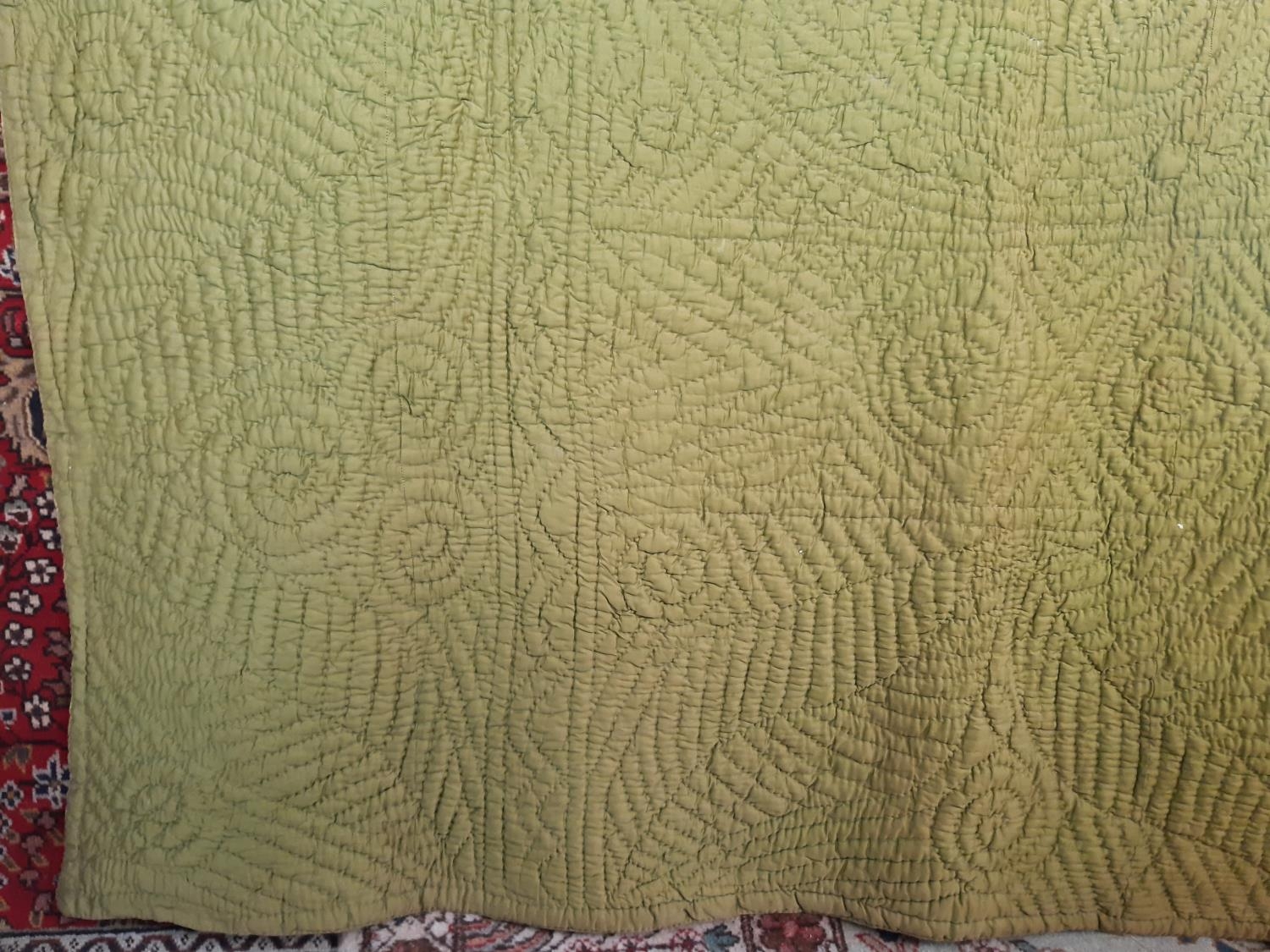 Hand stitched reversible vintage bed quilt in olive and dark gold colours, quilted in running - Image 2 of 4