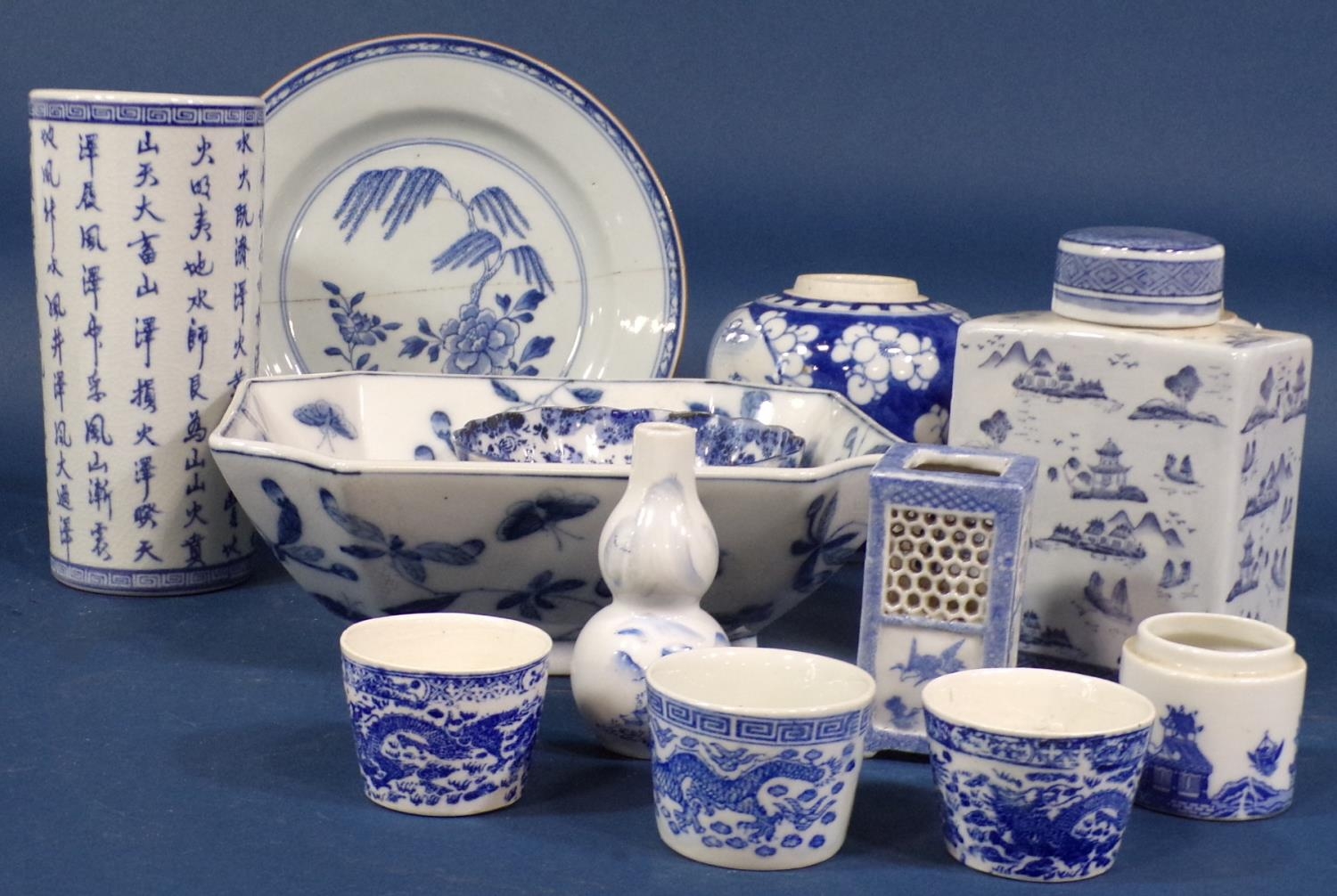 A collection of 19th century and later Chinese blue and white porcelains including plates, cricket