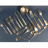 Mixed collection of Victorian and later silver plated flatware including large serving spoon, ladle,