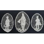 Three early figurative Italian gros point needle lace insets, depicting male figures against a